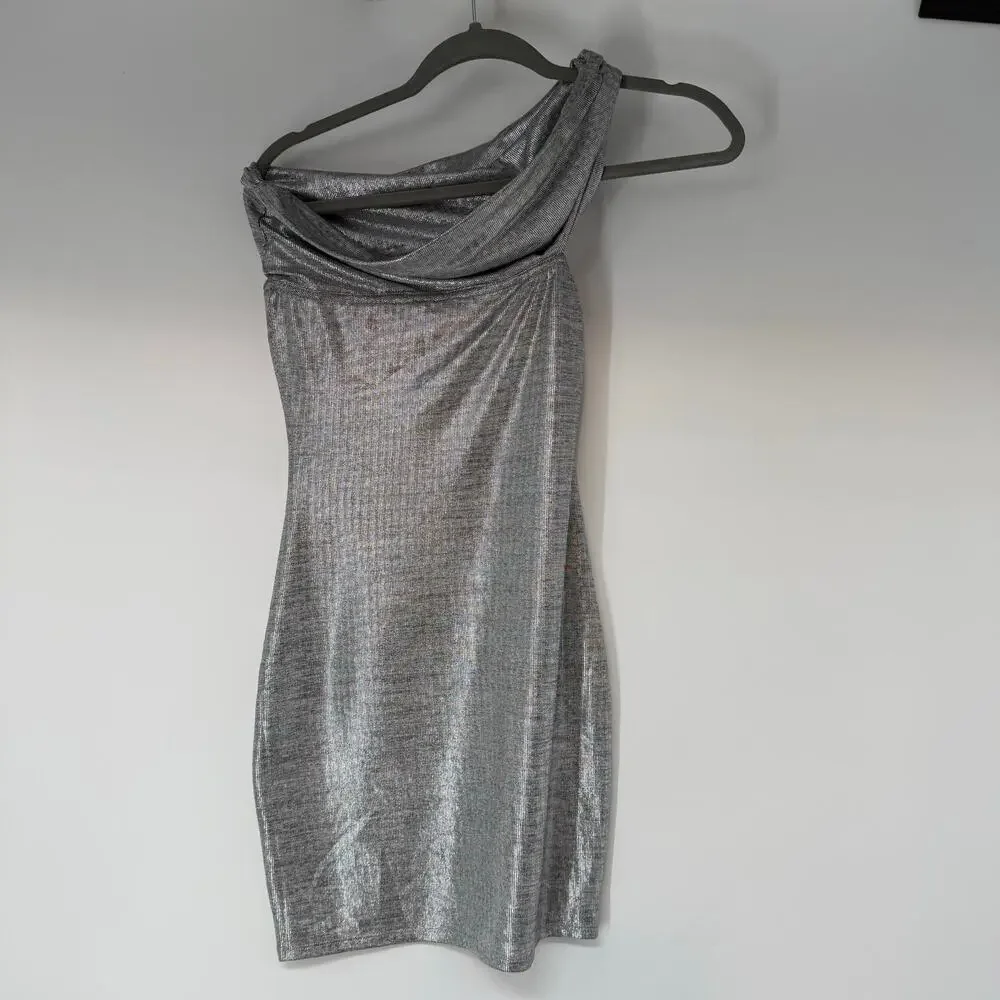 H:ours One Shoulder Bodycon Mini Dress Womens Small Silver Metallic Asymmetric - Picture 3 of 5